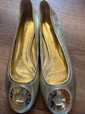 Christian Audigier Metallic Gold Leather Round-Toe Ballet Flats